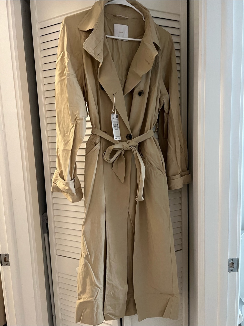 Mango Beige Double-Breasted Trench Coat with Self-Tie Belt